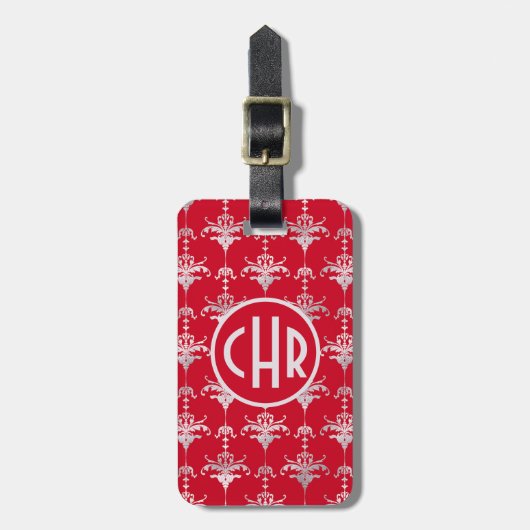 Elegant Red and White Damask Monogram ラゲッジタグ (正面縦)