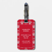Elegant Red and White Damask Monogram ラゲッジタグ (裏面縦)