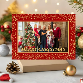 Elegant Red & Antique-Gold Family Christmas Photo シーズンカード