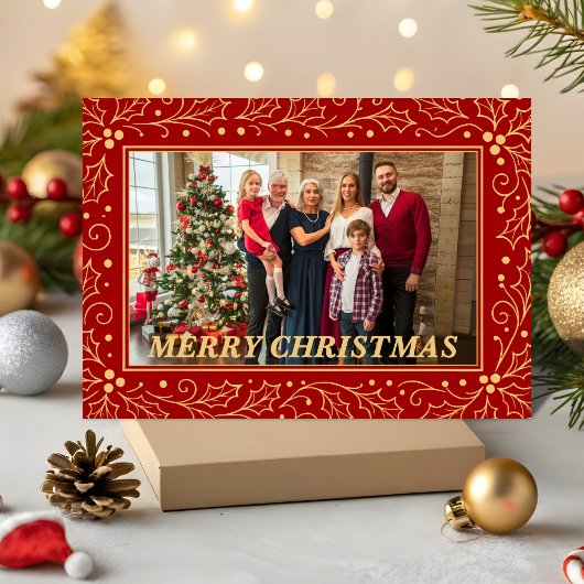 Elegant Red & Antique-Gold Family Christmas Photo シーズンカード