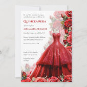 Elegant Red Ball Gown Red Roses Quinceanera | 招待状 (正面)