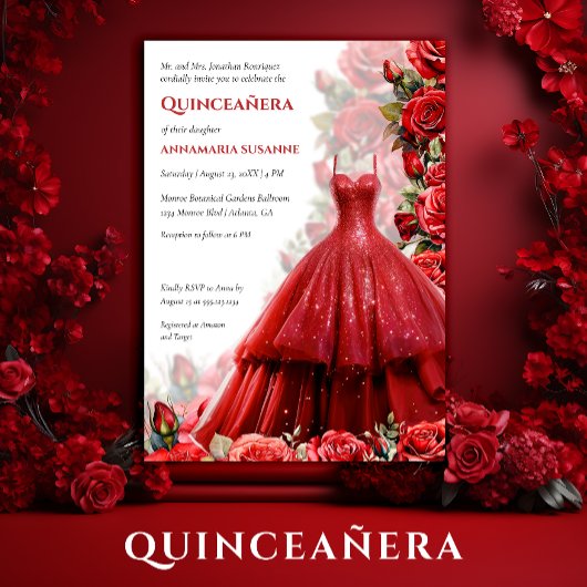Elegant Red Ball Gown Red Roses Quinceanera | 招待状