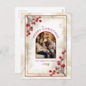 Elegant Red Berries Family Photo Christmas シーズンポストカード (正面/裏面)