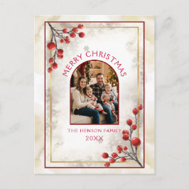 Elegant Red Berries Family Photo Christmas  シーズンポストカード