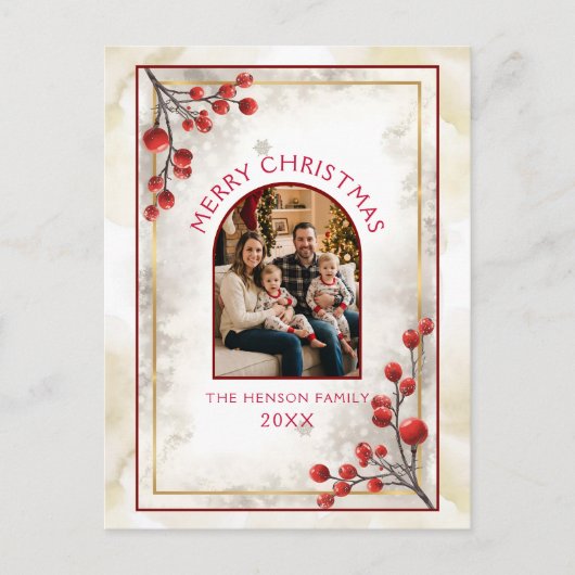 Elegant Red Berries Family Photo Christmas シーズンポストカード (正面)