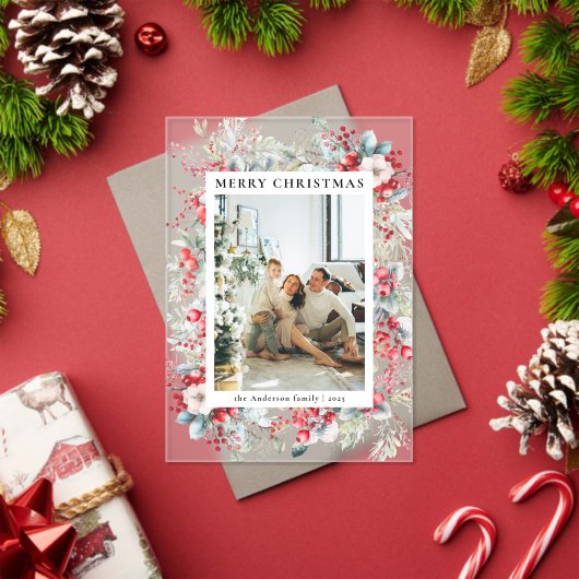 Elegant Red Berries Family Photo Christmas Card アクリル招待状 (インサイチュ (クリスマス))