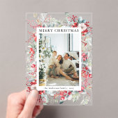 Elegant Red Berries Family Photo Christmas Card アクリル招待状 (インサイチュ (ポータブル))