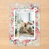 Elegant Red Berries Family Photo Christmas Card アクリル招待状 (正面)