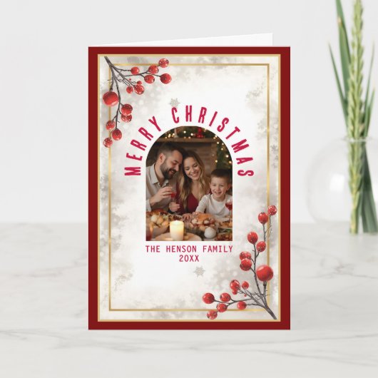 Elegant Red Berries Family Photo Christmas Holiday シーズンカード (正面)