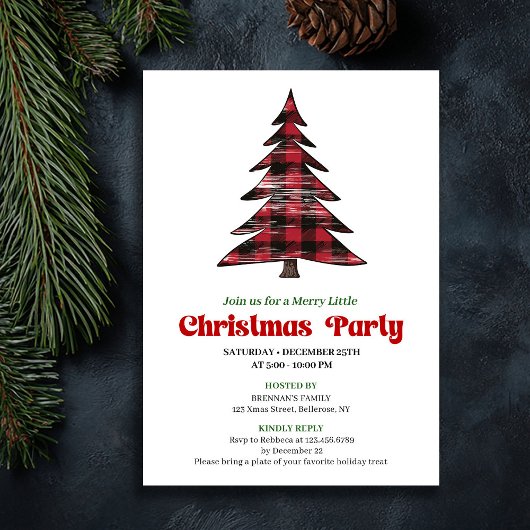 Elegant Red Black Plaid Holiday Party Invitation 招待状