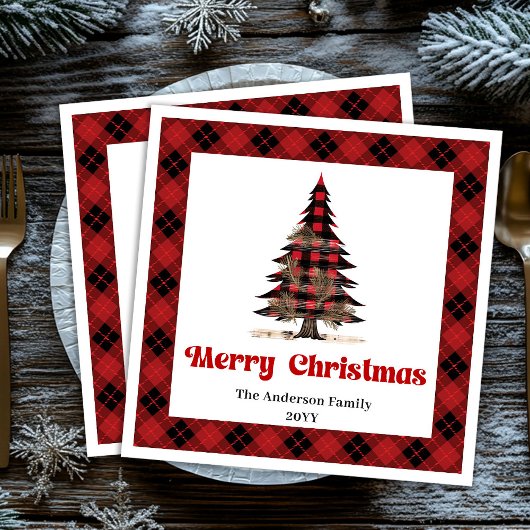 Elegant red black plaid napkins custom name 