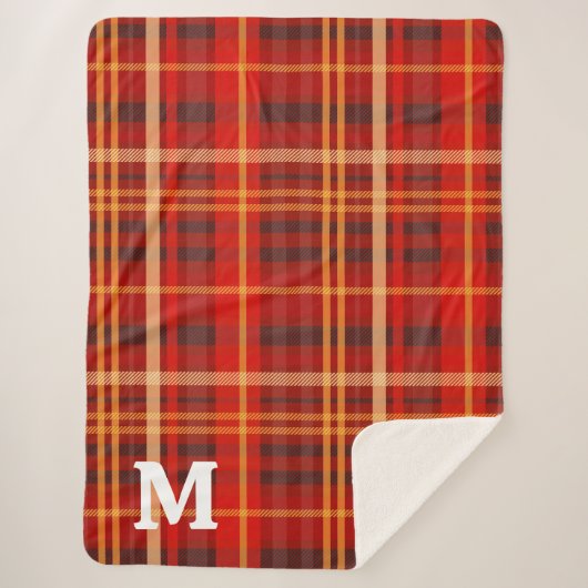 Elegant Red Black Plaid tartan Monogram  シェルパブランケット (正面)