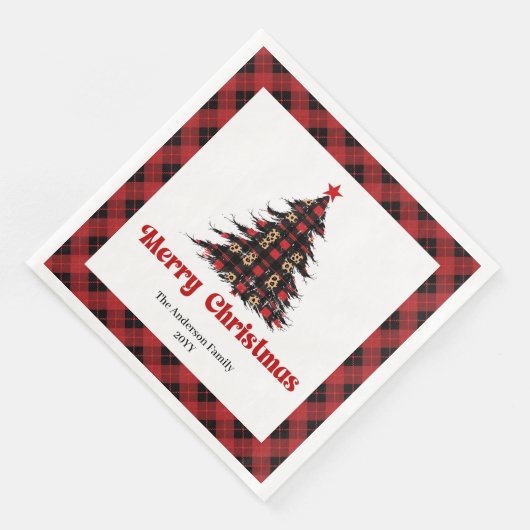 Elegant Red Black Plaid Tree Napkin Editable (コーナー)