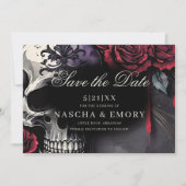 Elegant Red & Black Skull Roses Gothic Wedding セーブザデート (正面)