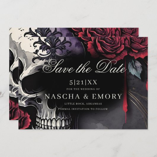 Elegant Red & Black Skull Roses Gothic Wedding セーブザデート (正面/裏面)