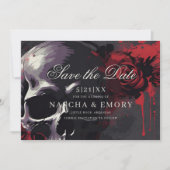 Elegant Red & Black Skull Roses Gothic Wedding セーブザデート (正面)