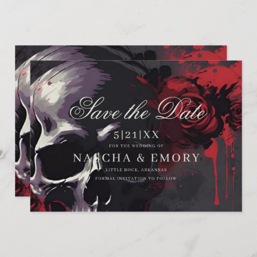 Elegant Red & Black Skull Roses Gothic Wedding セーブザデート (正面/裏面)