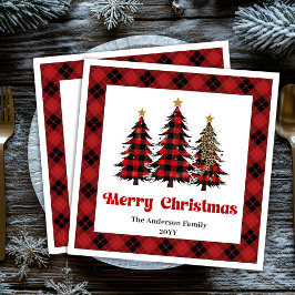 Elegant Red Black Tartan Napkin Custom Name