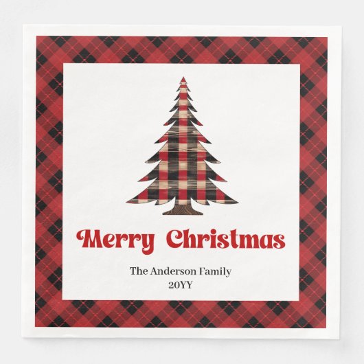 Elegant Red Black Tartan Tree Napkin Custom (正面)