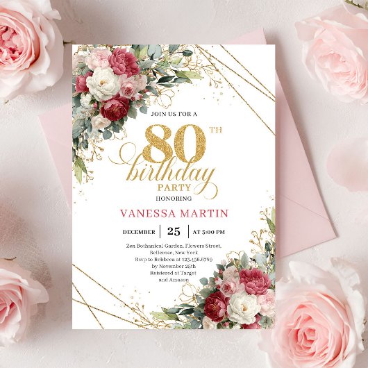 Elegant Red Blush Floral 80th Birthday Invite 招待状