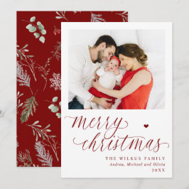 Elegant Red Botanical Merry 1 Photo Christmas シーズンカード