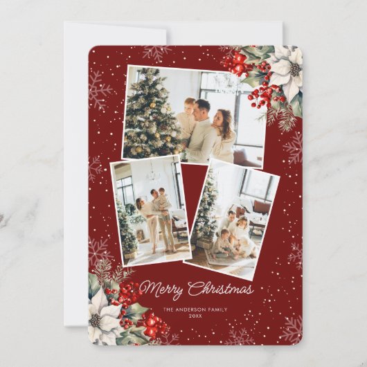 Elegant Red Botanical Photo Christmas Card シーズンカード (正面)