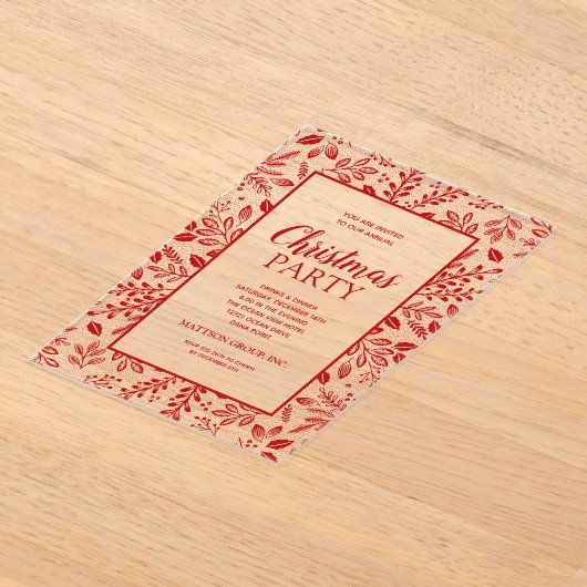 Elegant Red Botanicals Christmas Party アクリル招待状 (レイダウン)