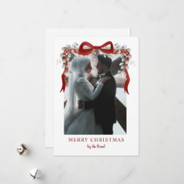 Elegant Red Bow and Eucalyptus Photo Christmas Ar シーズンカード