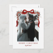 Elegant Red Bow and Eucalyptus Photo Christmas Ar シーズンポストカード (正面/裏面)