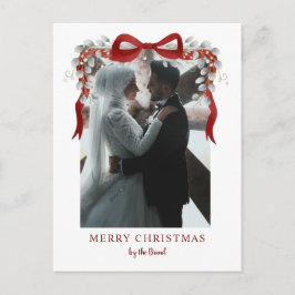 Elegant Red Bow and Eucalyptus Photo Christmas Ar シーズンポストカード