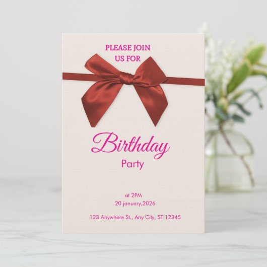 Elegant Red Bow Birthday Invitation 招待状 (スタンド正面)