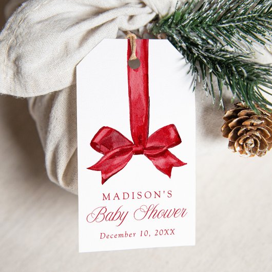 Elegant Red Bow Christmas Baby Shower ギフトタグ