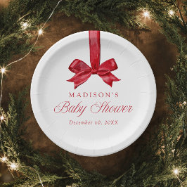 Elegant Red Bow Christmas Baby Shower ペーパープレート
