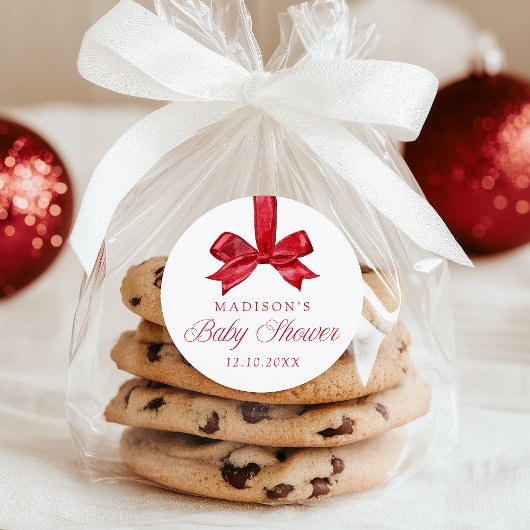 Elegant Red Bow Christmas Baby Shower ラウンドシール