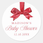 Elegant Red Bow Christmas Baby Shower ラウンドシール (正面)
