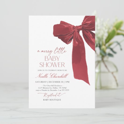 Elegant Red Bow Christmas Baby Shower 招待状 (スタンド正面)