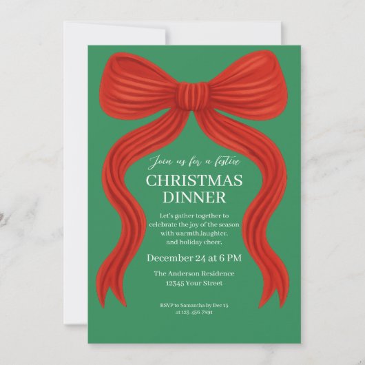 Elegant Red Bow Christmas Party -  招待状 (正面)