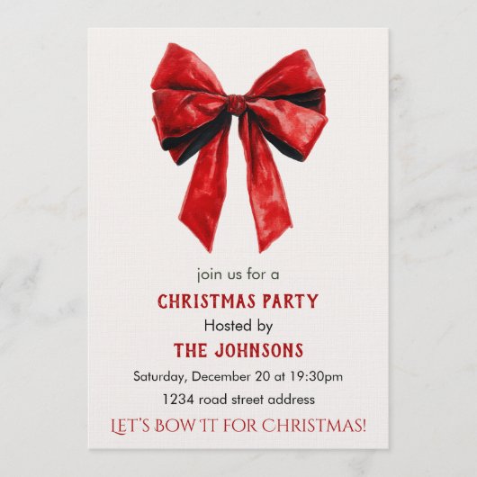 Elegant Red Bow Christmas Party Invitation 招待状 (正面)