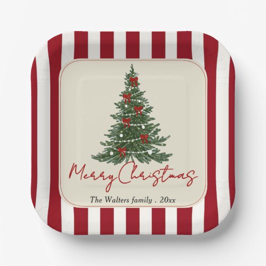 Elegant Red Bow Christmas Tree Party Paper Plates ペーパープレート (正面)