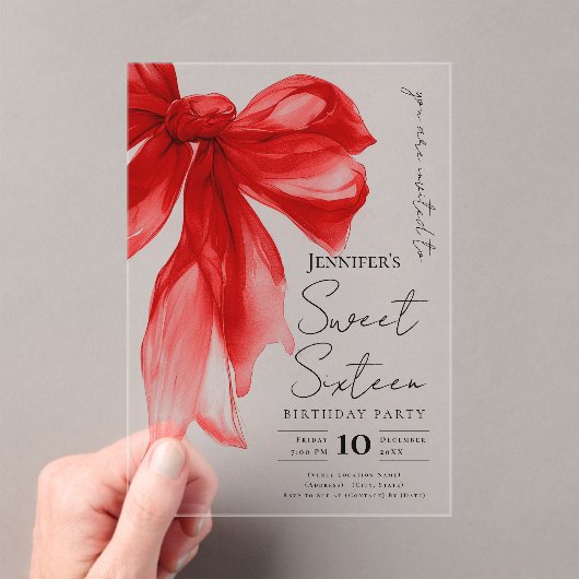 Elegant Red Bow Coquette Script Sweet 16 Party アクリル招待状 (インサイチュ (ポータブル))
