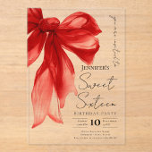 Elegant Red Bow Coquette Script Sweet 16 Party アクリル招待状 (正面)