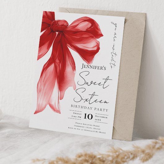Elegant Red Bow Coquette Script Sweet 16 Party  招待状