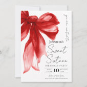 Elegant Red Bow Coquette Script Sweet 16 Party  招待状 (正面)