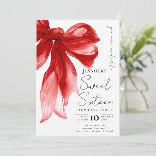 Elegant Red Bow Coquette Script Sweet 16 Party  招待状 (スタンド正面)