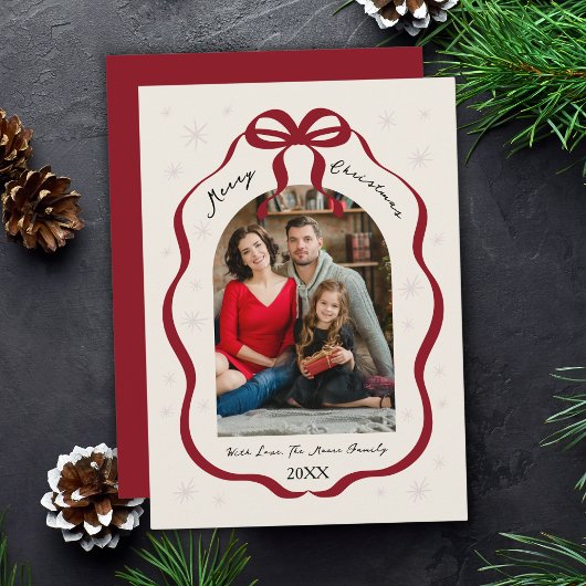 Elegant Red Bow Frame Custom Arch Photo Christmas シーズンカード