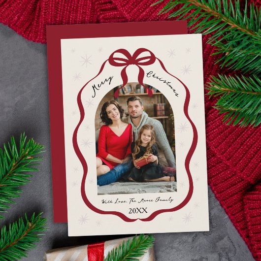Elegant Red Bow Frame Custom Arch Photo Christmas シーズンカード