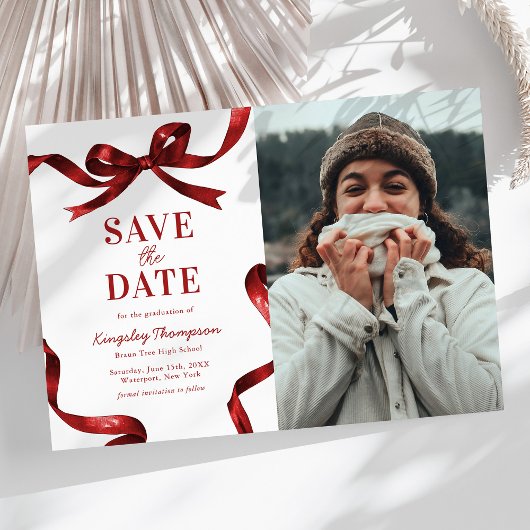Elegant Red Bow Graduation Save the Date セーブザデート