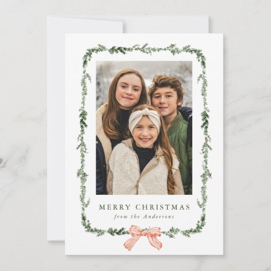 Elegant Red Bow Greenery Garland 2 Photo シーズンカード (正面)