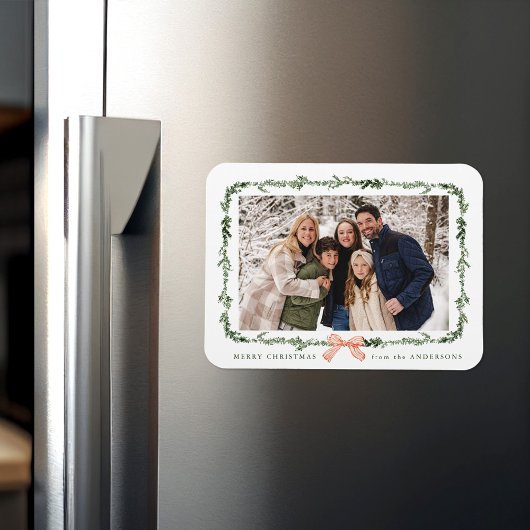 Elegant Red Bow Greenery Garland Holiday Photo マグネット