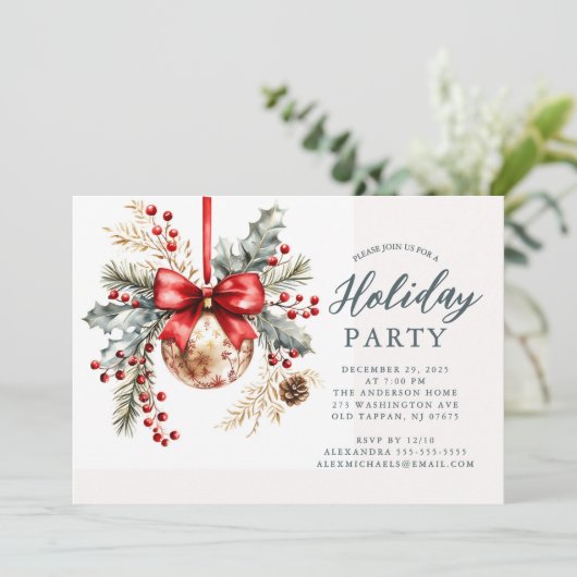 Elegant Red Bow Holiday Party Invite 招待状 (スタンド正面)